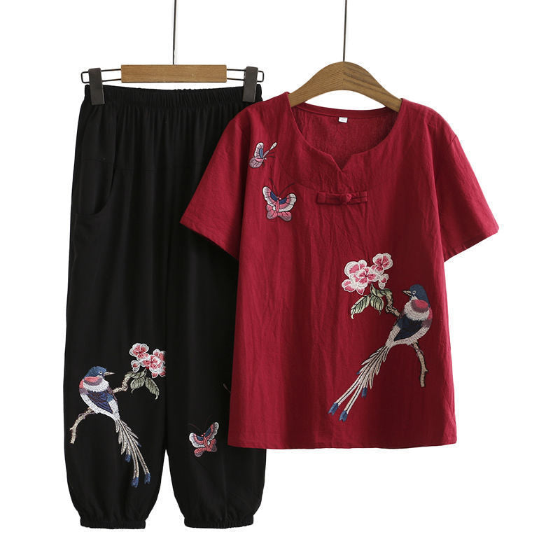 Vintage Bird Embroidery Buckle T-Shirt Pants Set modakawa