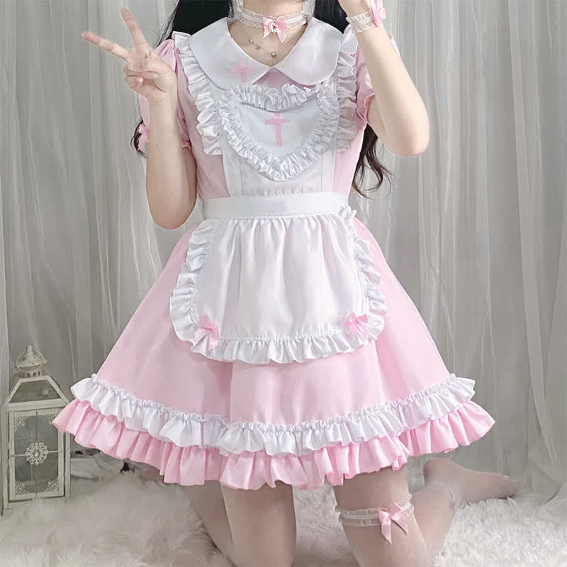 Kawaii Cross Print Ruffled Maid Lolita Dress Set Modakawa