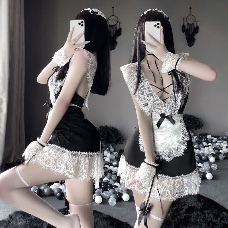 Cosplay Black Bow Maid Deep Lace Lingerie Dress Modakawa