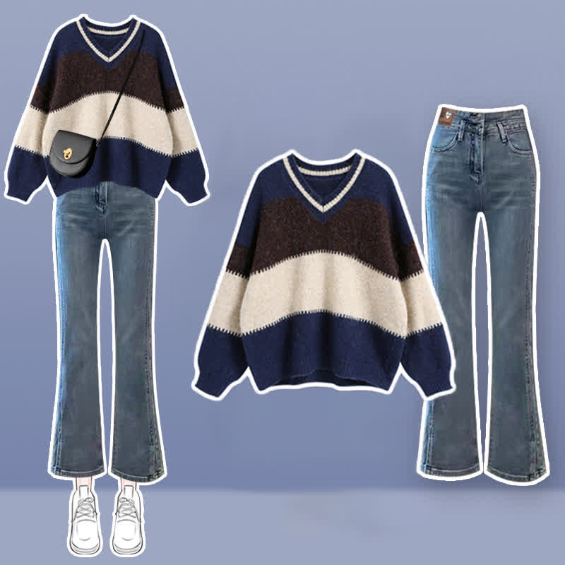 Sweet Stripe Sweater Casual Pants Set modakawa