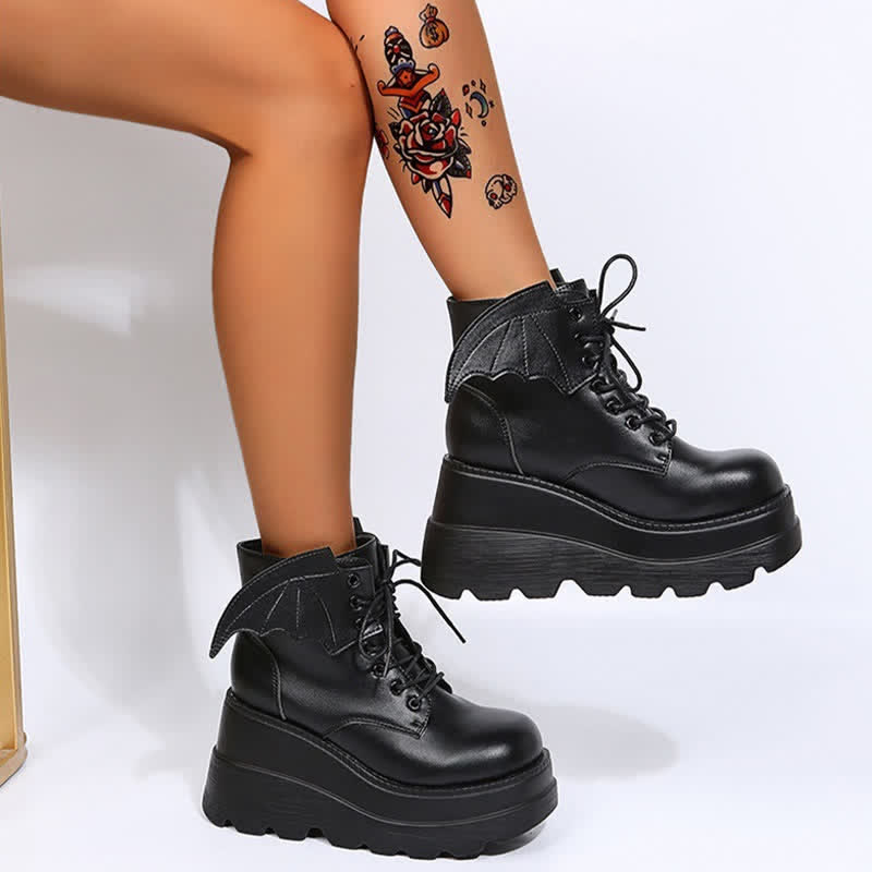 Black Punk Goth Wings Lace Up High Wedge Boots modakawa