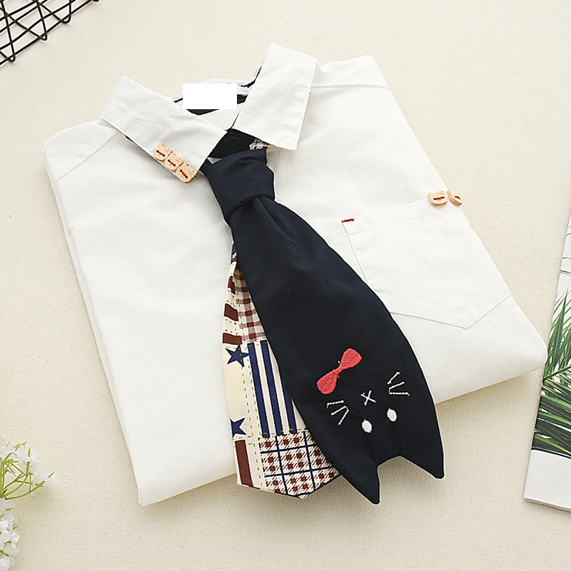 Cute Cat Tie Wooden Buckle Shirt Modakawa