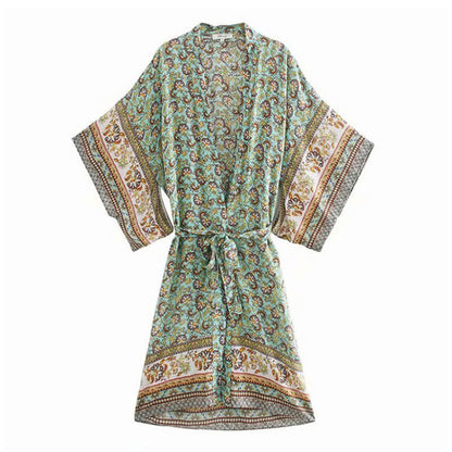 Boho Beach Print Belt Robe Long Cardigan Outerwear modakawa