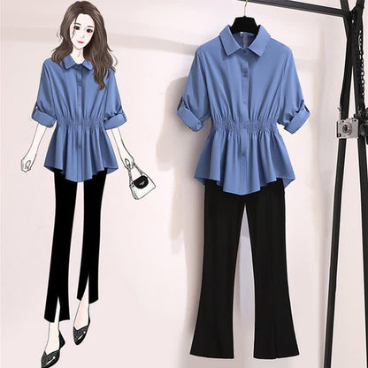 Blue Lapel Chiffon Shirt Flared Split Pants modakawa