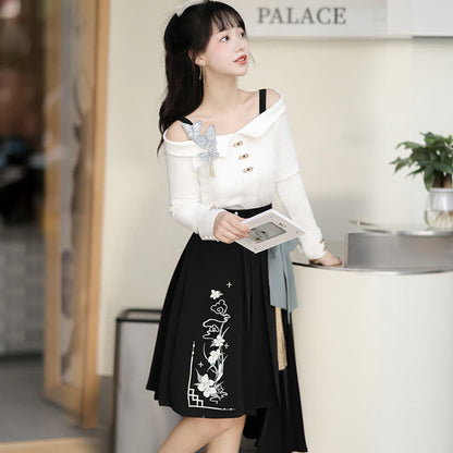 Sweet Embroidery Off The Shoulder Butterfly Shirt Irregualr Bow Pleated Skirt modakawa