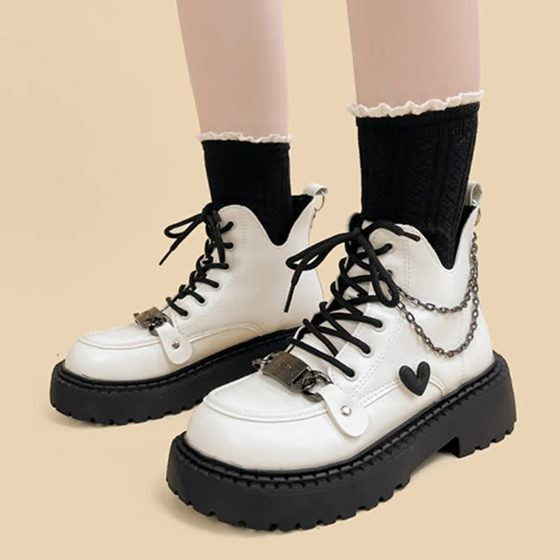 Chain Decor Love Heart Platform Round White Toe Boots modakawa