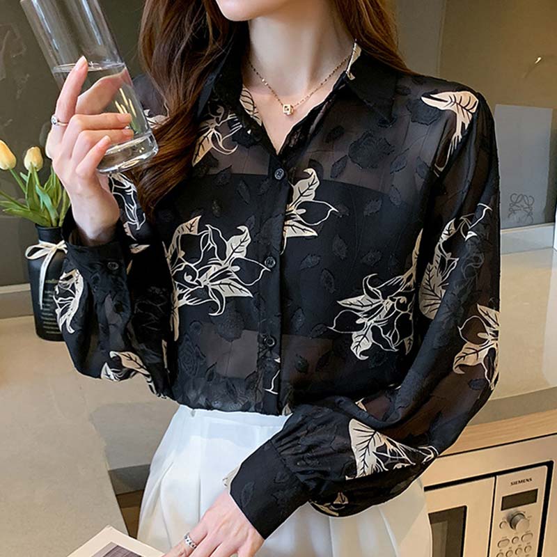 Black Floral Print Puff Sleeve Chiffon Shirt Modakawa