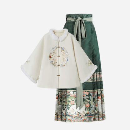 Vintage Embroidery Coat Green High Waist Pleated Skirt Modakawa