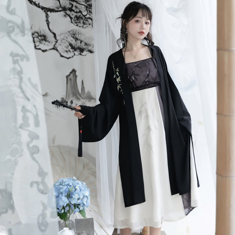 Elegant Bamboo Print Colorblock Slip Dress Split Cardigan modakawa