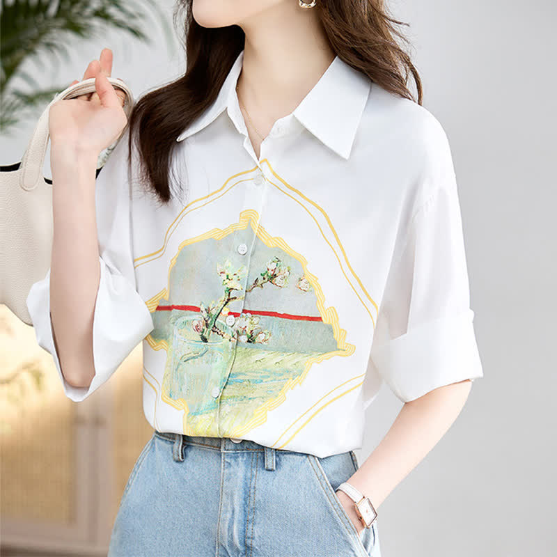 Painting Print Short Sleeve Chiffon Lapel Shirt modakawa