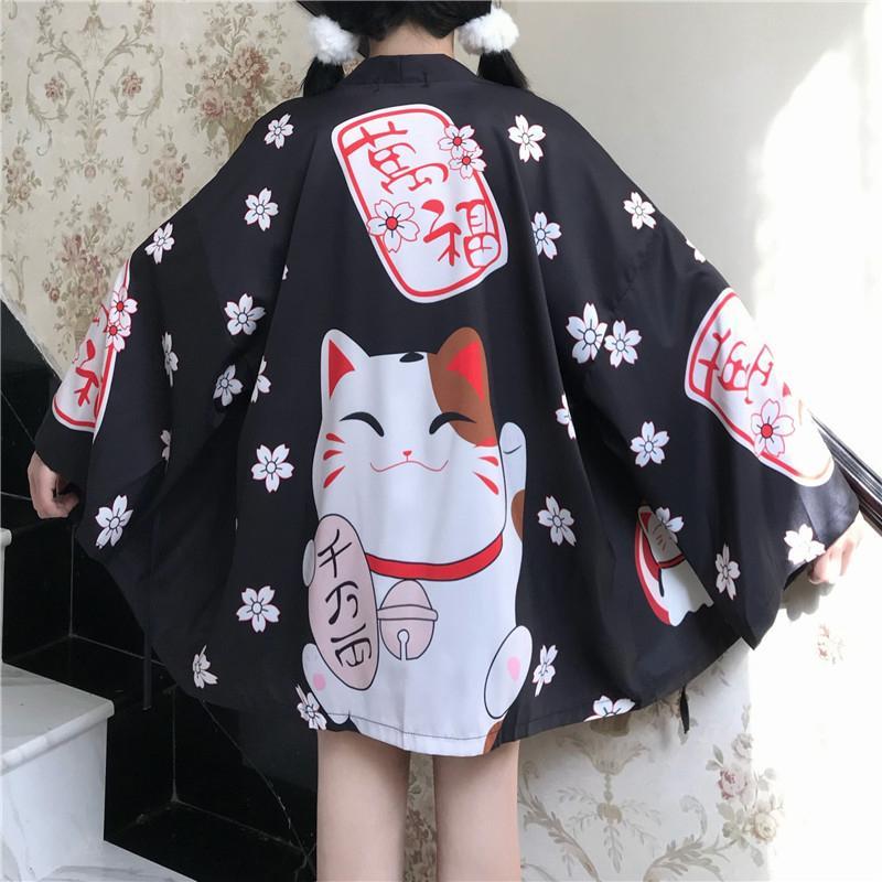 Charming Lucky Cat Sakura Print Loose Outerwear Kimono Modakawa