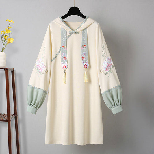 Vintage Floral Embroidery Fringed Hoodie Dress Modakawa