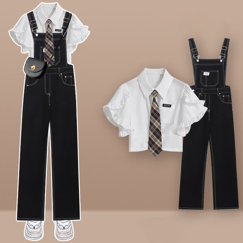 Pocket Lapel Tie T-Shirt Denim Overalls Set modakawa