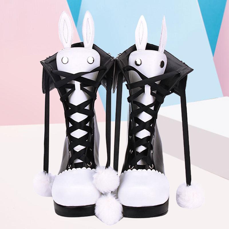 Black Bunny Ears Lace-up Fuzzy Ball Collar High Heel Boots Modakawa