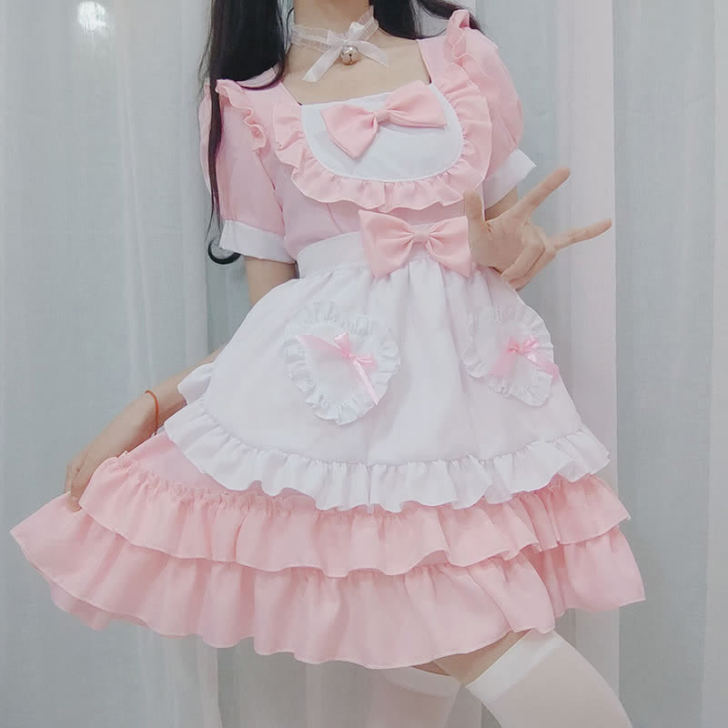 Pink Lolita Love Heart Bow Knot Ruffled Maid Dress Modakawa