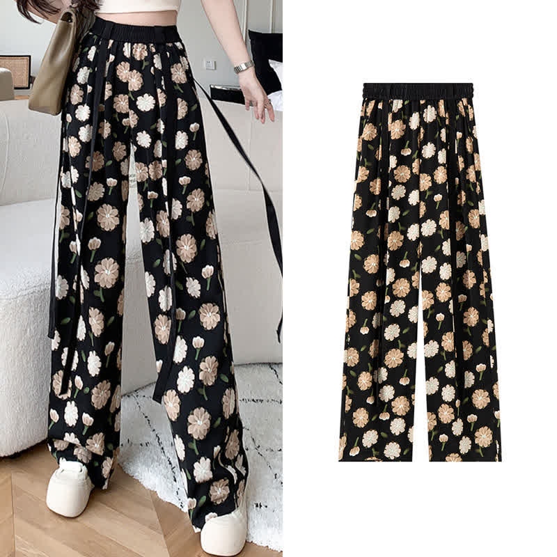 Vintage Flowers Print Chiffon Wide Leg Pants modakawa