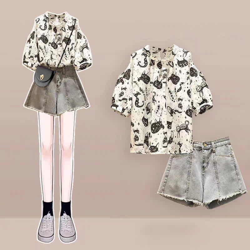 Kitty Print Cold Shouder Chiffon Shirt Casual Denim Shorts modakawa