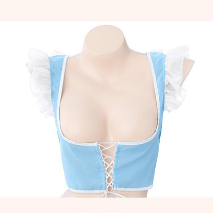 Blue Sexy Lace Up Puff Sleeve Maid Lingerie Set Modakawa