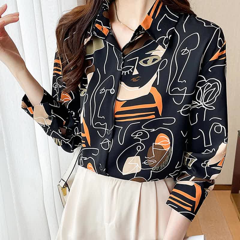 Color Abstract Graffiti Print Chiffon Shirt modakawa