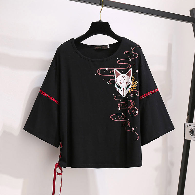 Black Sakura Fox Print Lace Up T-Shirt Wide Leg Pants Modakawa