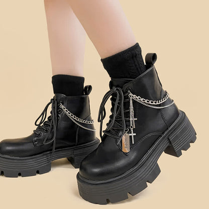 Cross Chain Decor Platform Round Toe Boots modakawa