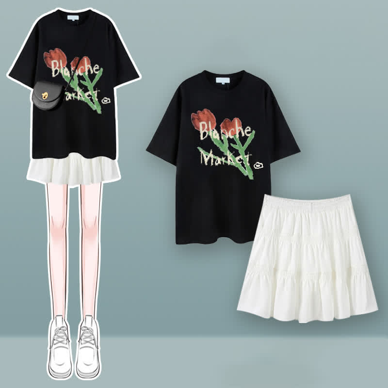 Tulip Cherry Blossom Print T-Shirt Pleated Skirt Set modakawa