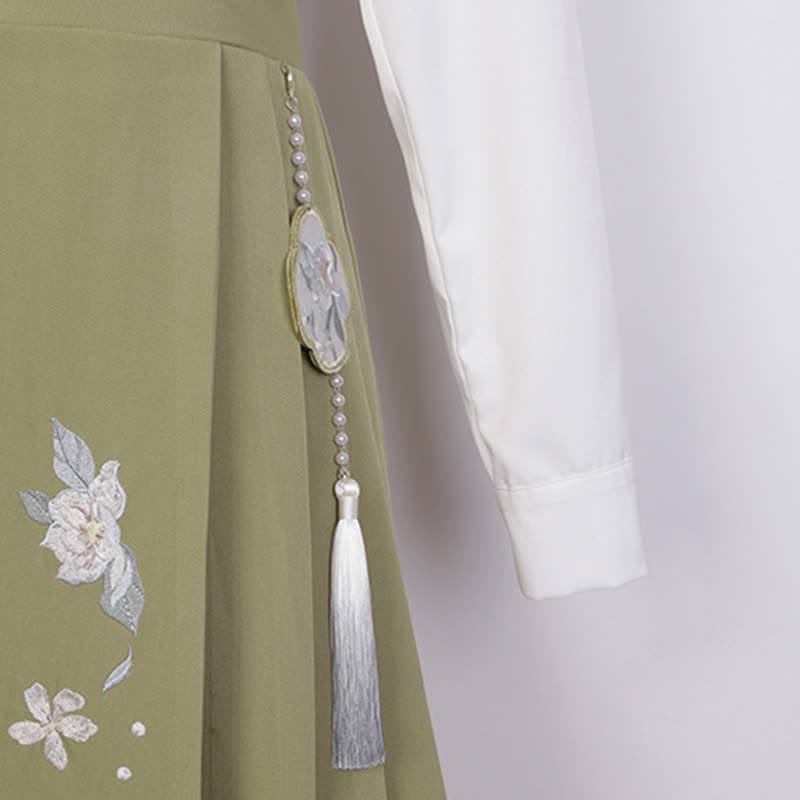 Buckle Floral Embroidery Green Dress Set modakawa