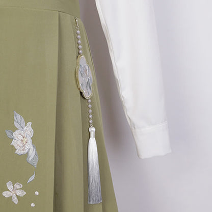 Buckle Floral Embroidery Green Dress Set modakawa