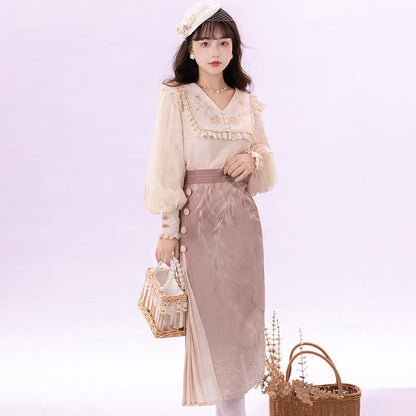 Elegant Embroidery Pink Shirt High Waist Split Pleated Skirt modakawa