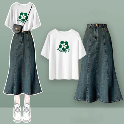 Bow Knot Butterfly Tulle Crop Top T-Shirt Fishtail Denim Skirt Set modakawa