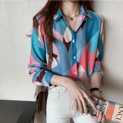 Chic Colorblock Long Sleeve Lapel Shirt modakawa