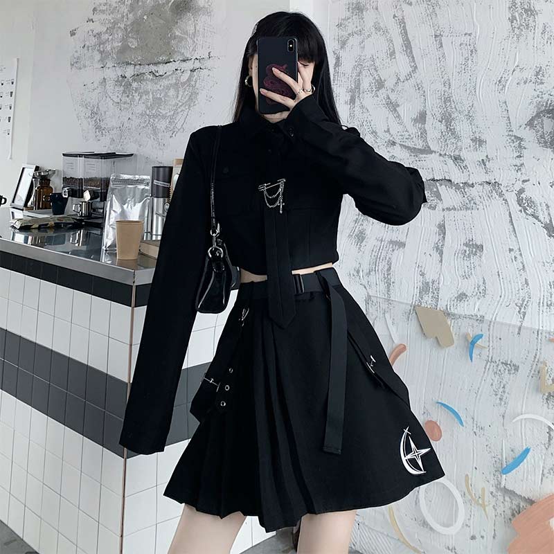 Cool Black Pocket Shirt Pleated Skirt Tie Set Modakawa