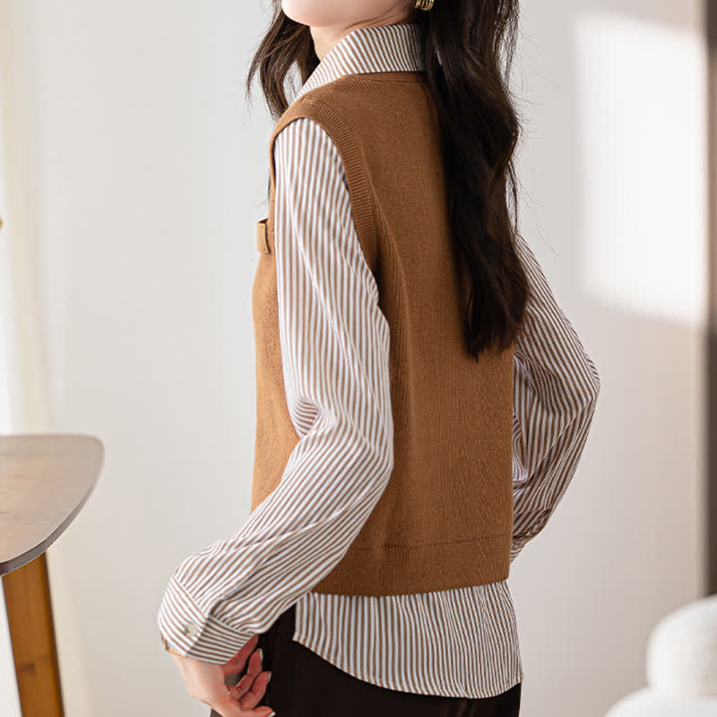 Stripe Print Knit Vest Lapel Shirt SpreePicky