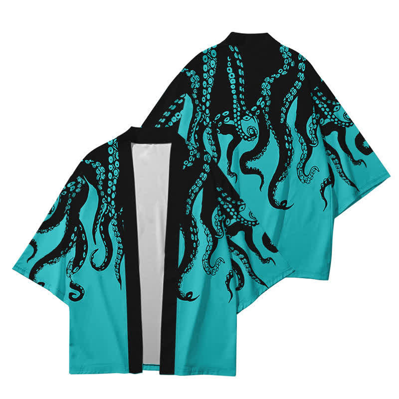 Colorblock Octopus Print Cardigan Kimono Outerwear modakawa