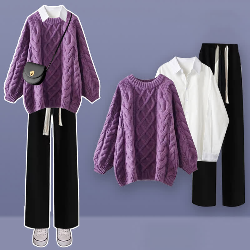 Purple Cable Round Collar Sweater Lapel Shirt Pants Set modakawa