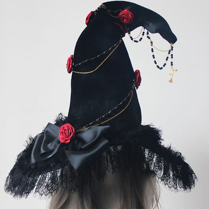 Black Witch Gothic Rose Decor Lace Hat modakawa