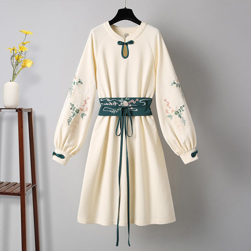 Vintage Crane Embroidery Plush Sweatshirt Dress modakawa