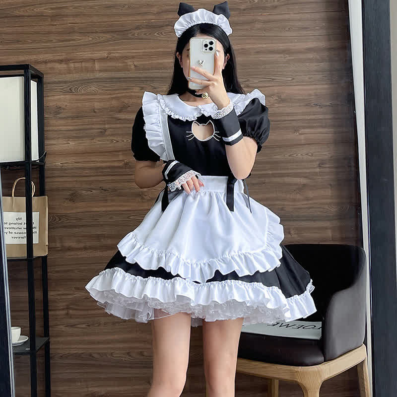 Lolita Doll Collar Kitty Hollow Out Ruffled Maid Dress Modakawa