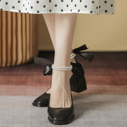 Elegant Pearl Bow High-heeled Shoes Modakawa