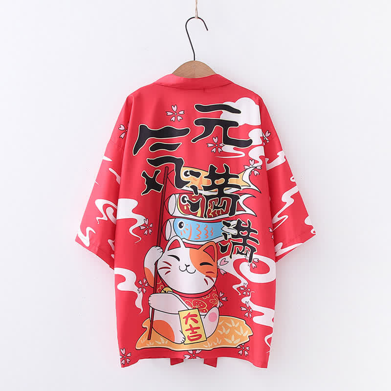 Lucky Cat Print Cardigan Kimono Outerwear modakawa