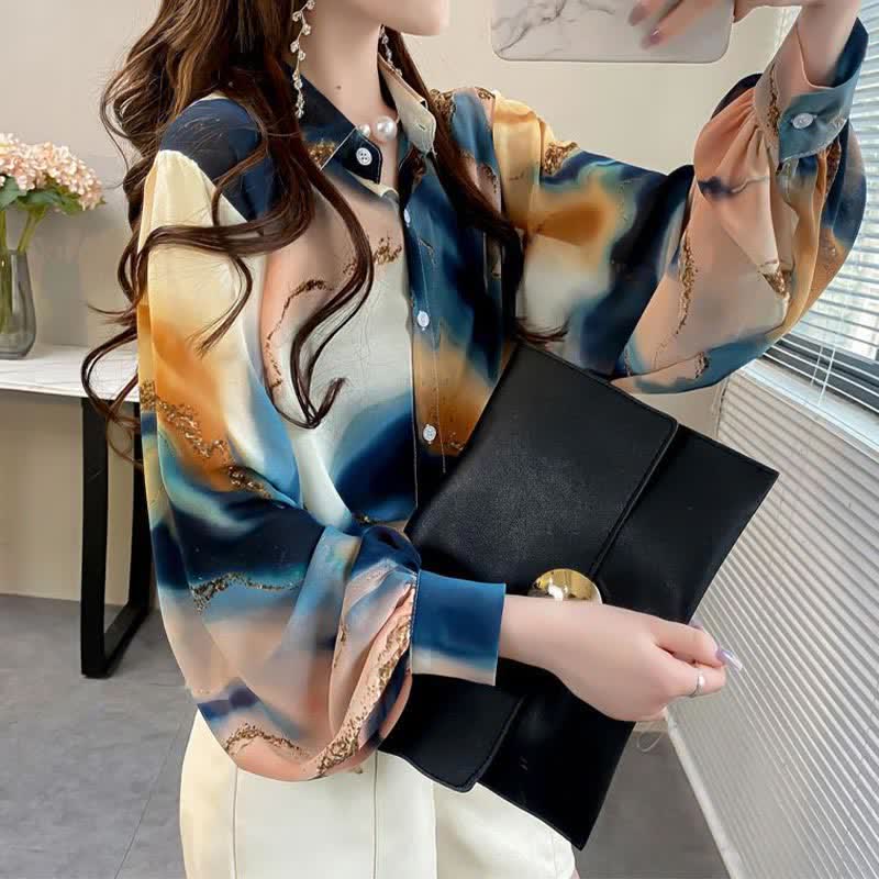 Fashion Colorblock Tie-dye Print Puff Sleeve Shirt modakawa