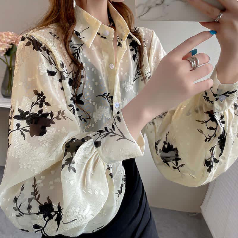 Floral Embroidery Puff Sleeve Chiffon Shirt modakawa