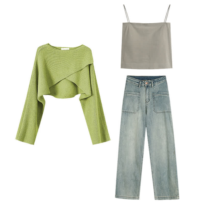 Green Cross Knit Crop Sweater Cami Pocketed Denim Pants modakawa