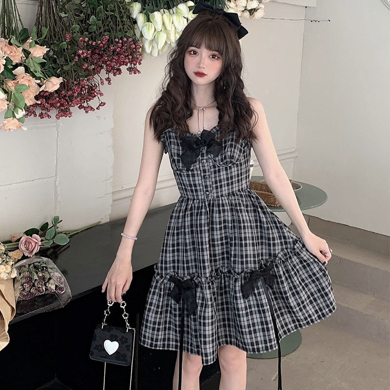 Sweet Lattice Print Bow Knot Slip Dress modakawa