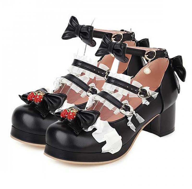 Kawaii Lace Bow Lolita Kitten Heel Mary Janes Shoes Modakawa