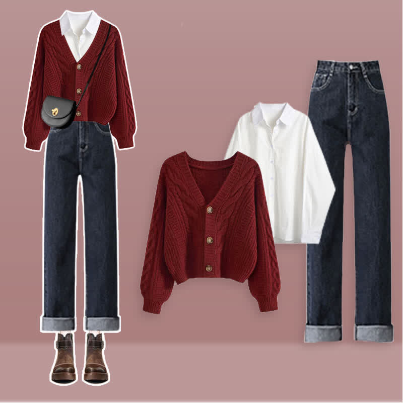 Red Cardigan Sweater Lapel Shirt Denim Pants Set modakawa