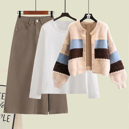 Colorblock Stripe Cardigan Sweater Shirt Denim Skirt modakawa