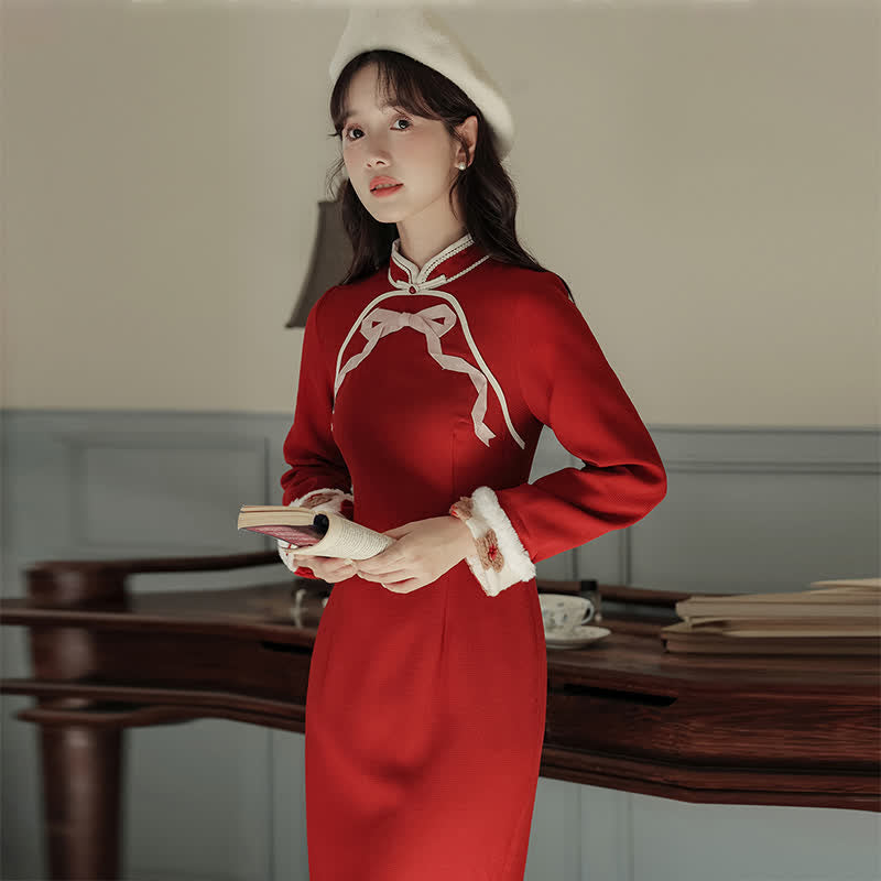 Red Flowers Buckle Vest Bowknot Cheongsam Dress modakawa