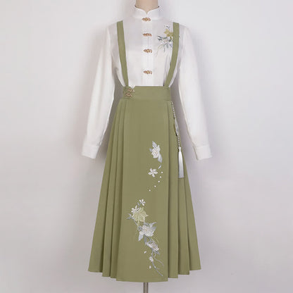 Buckle Floral Embroidery Green Dress Set modakawa