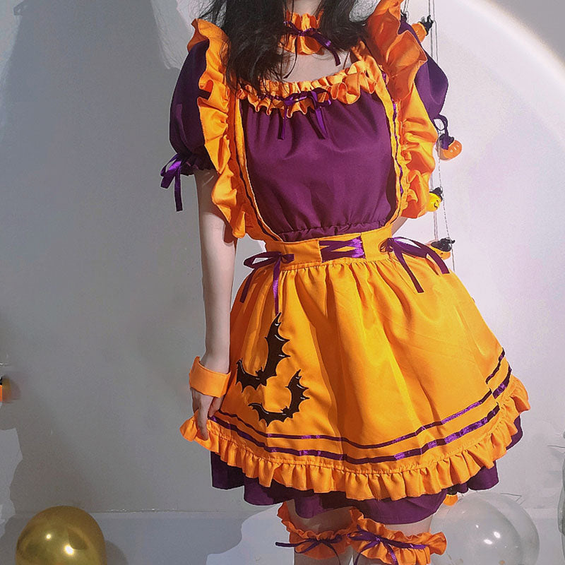 Cute Bat Embroidery Lace Up Ruffled Maid Dress Modakawa